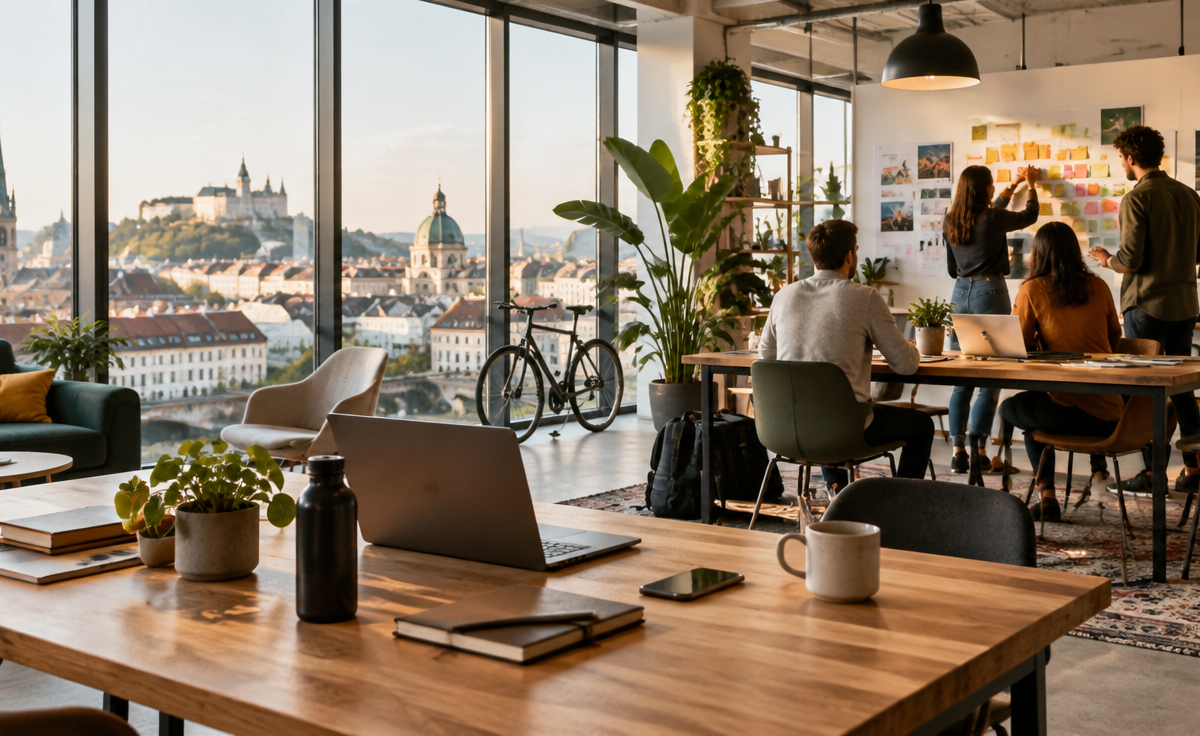 Spațiu de coworking modern cu ferestre mari spre un oraș european, birouri din lemn, laptopuri, plante și un atelier de echipă creativă în fundal
