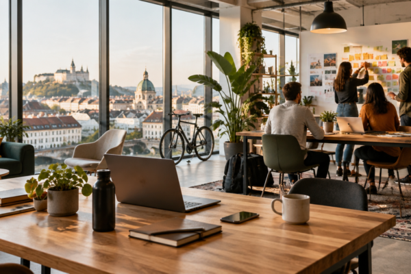 Spațiu de coworking modern cu ferestre mari spre un oraș european, birouri din lemn, laptopuri, plante și un atelier de echipă creativă în fundal