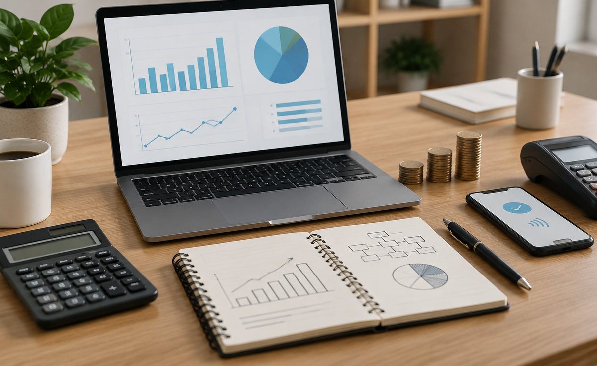Birou modern ordonat cu un laptop cu grafice abstracte, un calculator, un caiet cu schițe de cash-flow, monede, un smartphone cu terminal de plată și o plantă