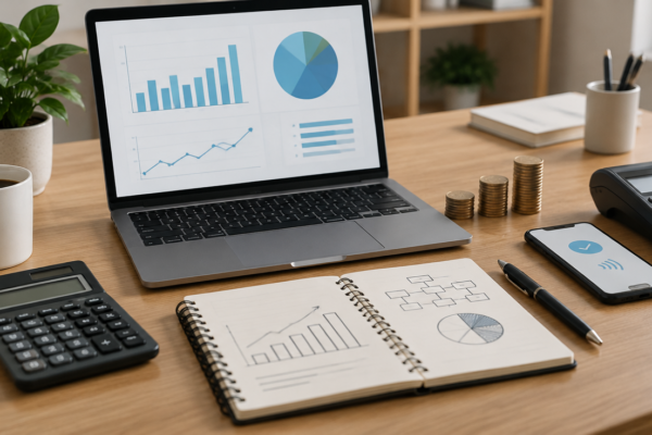 Birou modern ordonat cu un laptop cu grafice abstracte, un calculator, un caiet cu schițe de cash-flow, monede, un smartphone cu terminal de plată și o plantă