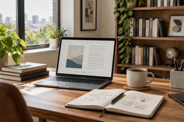Birou modern de acasă cu un laptop deschis la o pagină abstractă de ebook, un caiet cu schițe, o cafea și o bibliotecă, la lumină de zi