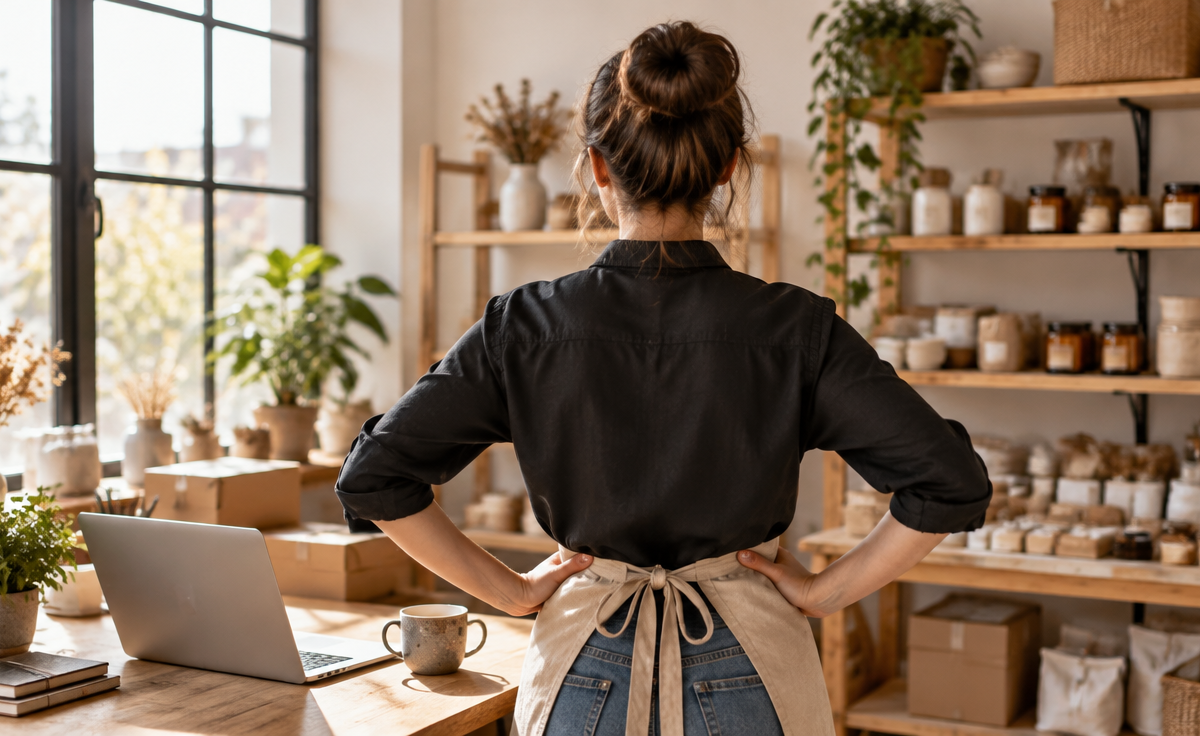 Antreprenoare în atelierul ei modern, văzută din spate, cu rafturi cu produse handmade, un laptop și o cafea pe masă, la lumină de fereastră