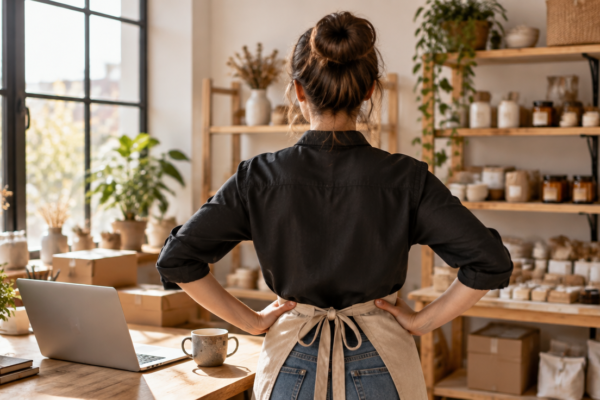 Antreprenoare în atelierul ei modern, văzută din spate, cu rafturi cu produse handmade, un laptop și o cafea pe masă, la lumină de fereastră