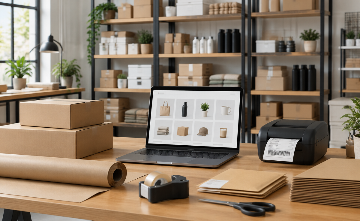Colț de ambalare pentru magazin online, cu cutii de carton și hârtie kraft, un laptop cu grila de produse, o imprimantă de etichete și rafturi ordonate