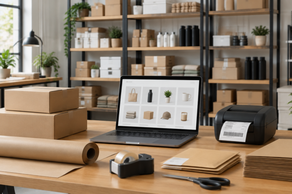 Colț de ambalare pentru magazin online, cu cutii de carton și hârtie kraft, un laptop cu grila de produse, o imprimantă de etichete și rafturi ordonate