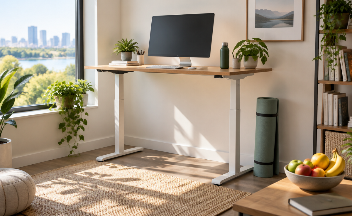 Colț de wellbeing într-un birou de acasă, cu birou reglabil, covoraș de yoga rulat, sticlă de apă, plante și un bol cu fructe