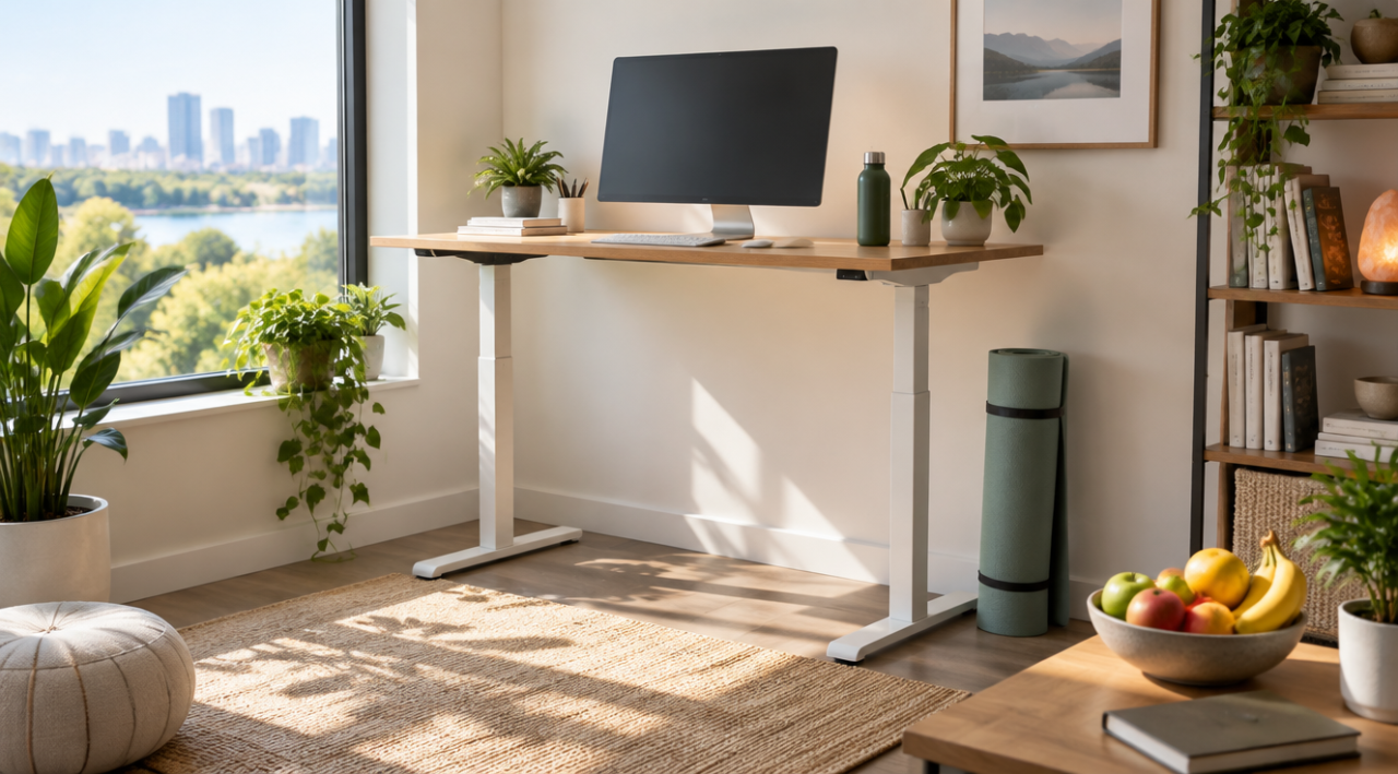 Colț de wellbeing într-un birou de acasă, cu birou reglabil, covoraș de yoga rulat, sticlă de apă, plante și un bol cu fructe