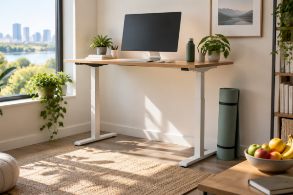 Colț de wellbeing într-un birou de acasă, cu birou reglabil, covoraș de yoga rulat, sticlă de apă, plante și un bol cu fructe